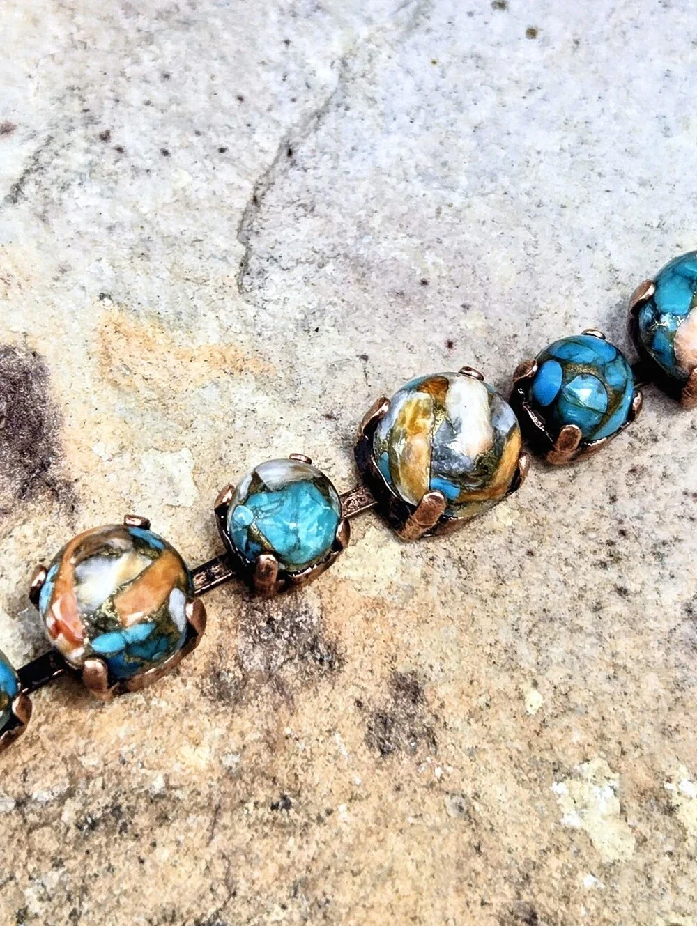 Genuine Turquoise & Spiny Oyster Copper In Artisan Antique Copper Bracelet